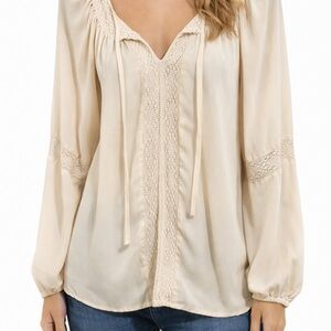 Chaps Cream V-Neck Blouse with Lace Trim